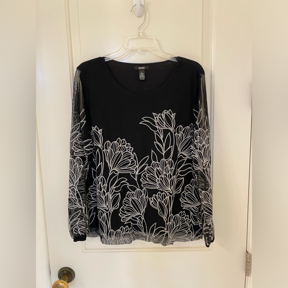 Size L silver embroidered black top from Alfani - Picture 1 of 4